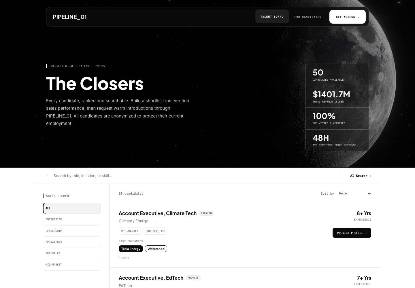 PIPELINE_01 talent board showing searchable candidate profiles