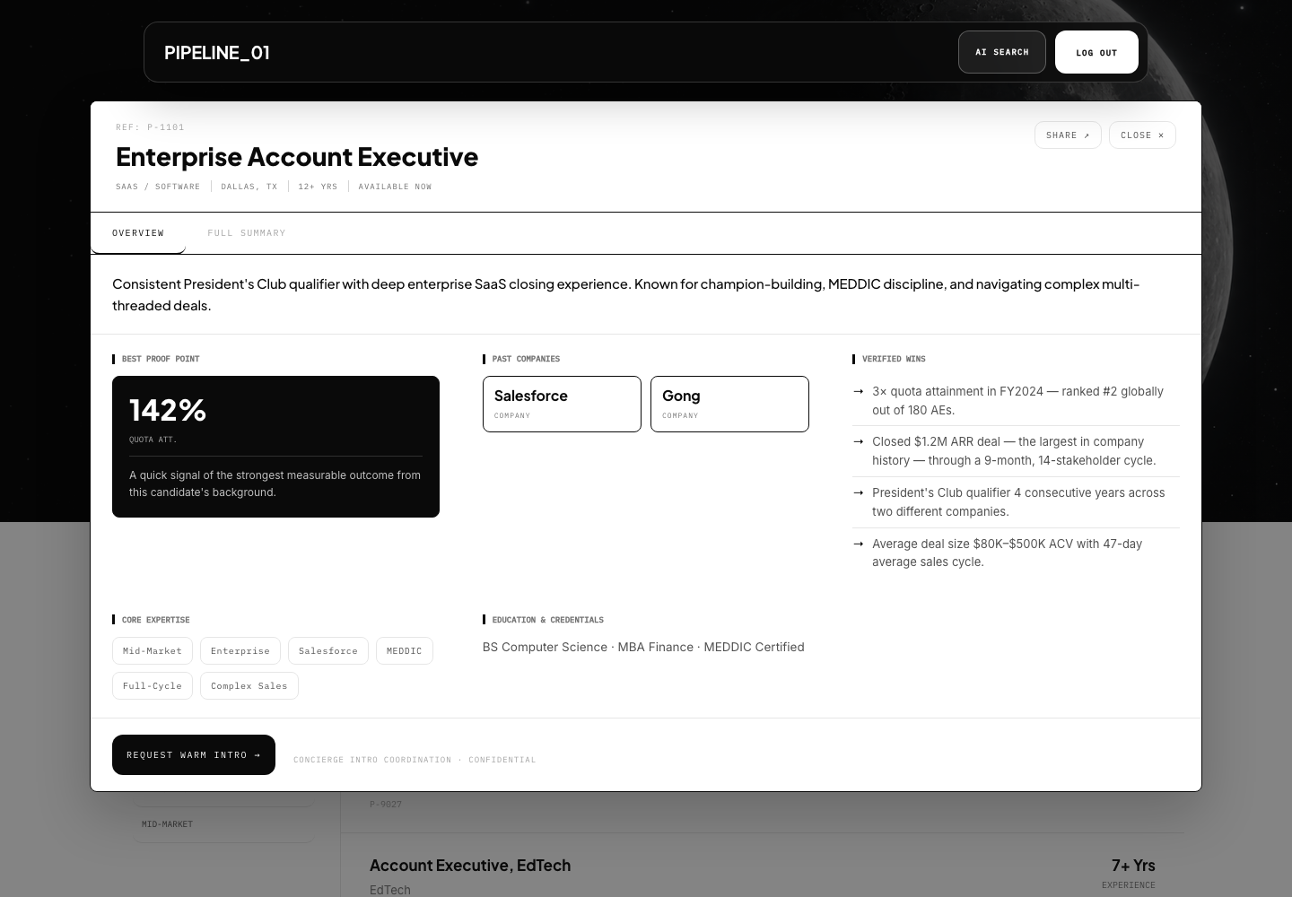 Detailed PIPELINE_01 candidate profile with performance evidence and work history